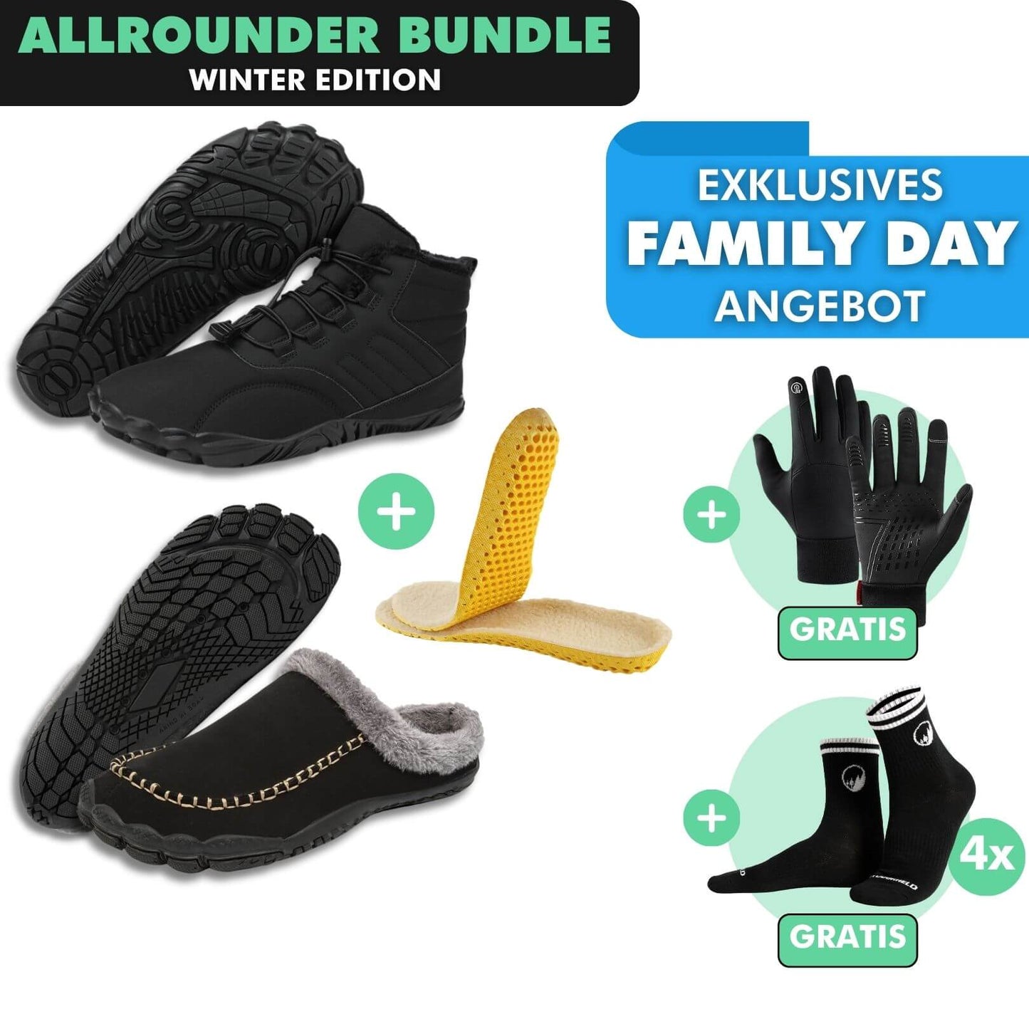 ALLROUNDER-BUNDLE: Winter-Barfußschuhe + Barfuß-Hausschuhe + Fleece-Einlegesohlen + GRATIS Thermo Handschuhe + GRATIS 4er-Pack Barfußsocken