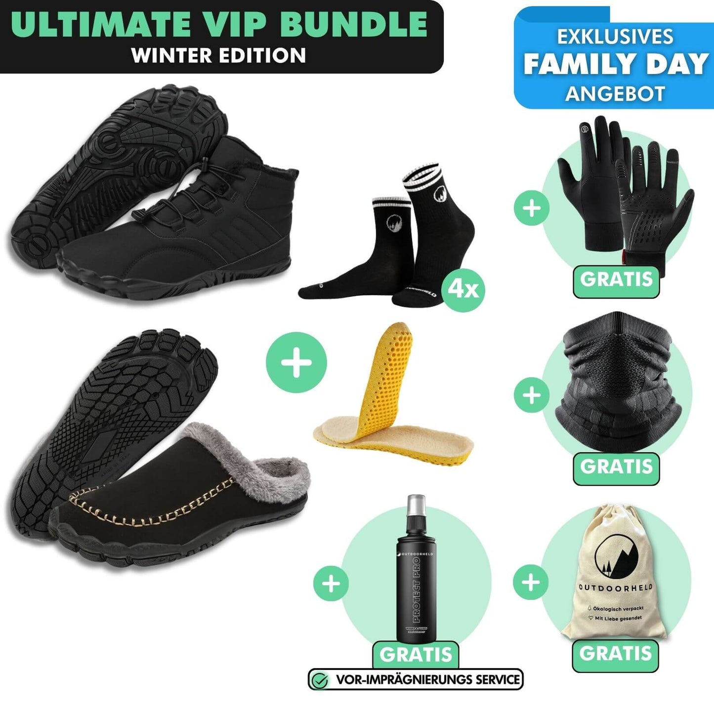 ULTIMATE VIP BUNDLE: Winter-Barfußschuhe + Barfuß-Hausschuhe + Fleece-Einlegesohlen + 4er-Pack Barfußsocken + GRATIS Thermo Handschuhe + GRATIS Thermo Halstuch + GRATIS Vor-Imprägnierung + GRATIS OutdoorHeld Beutel
