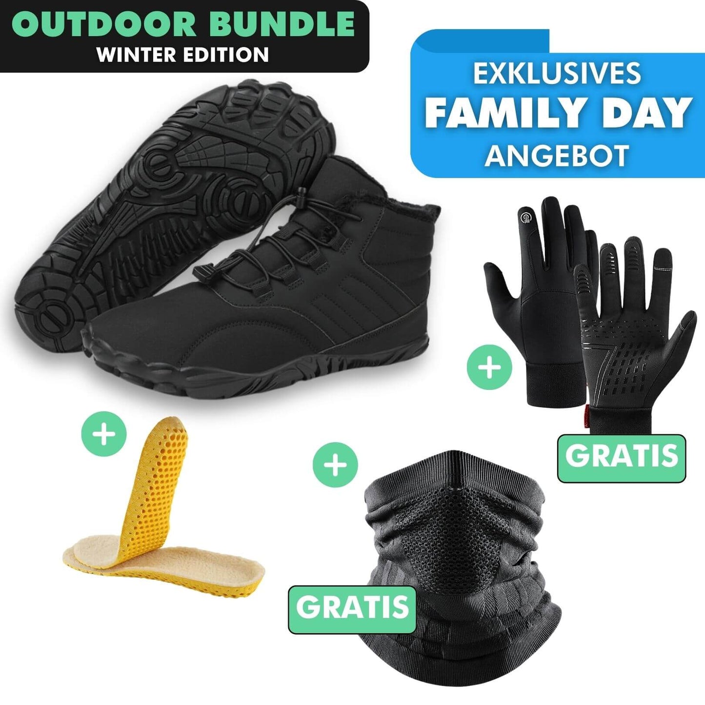 OUTDOOR-BUNDLE: Winter-Barfußschuhe + Fleece Einlegesohlen + GRATIS Thermo Handschuhe + GRATIS Thermo Halstuch