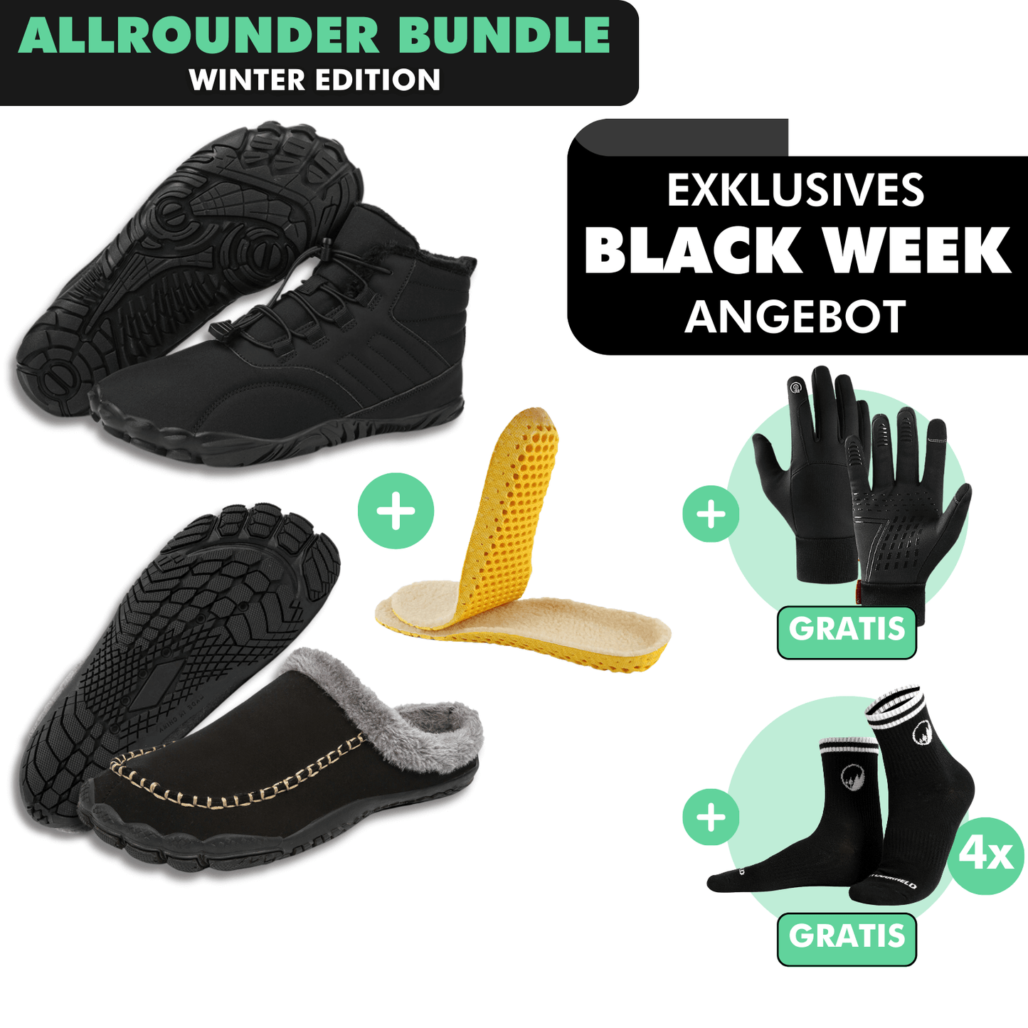 ALLROUNDER-BUNDLE: Winter-Barfußschuhe + Barfuß-Hausschuhe + Fleece-Einlegesohlen + GRATIS Thermo Handschuhe + GRATIS 4er-Pack Barfußsocken