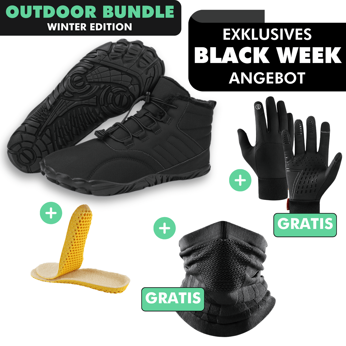 OUTDOOR-BUNDLE: Winter-Barfußschuhe + Fleece Einlegesohlen + GRATIS Thermo Handschuhe + GRATIS Thermo Halstuch