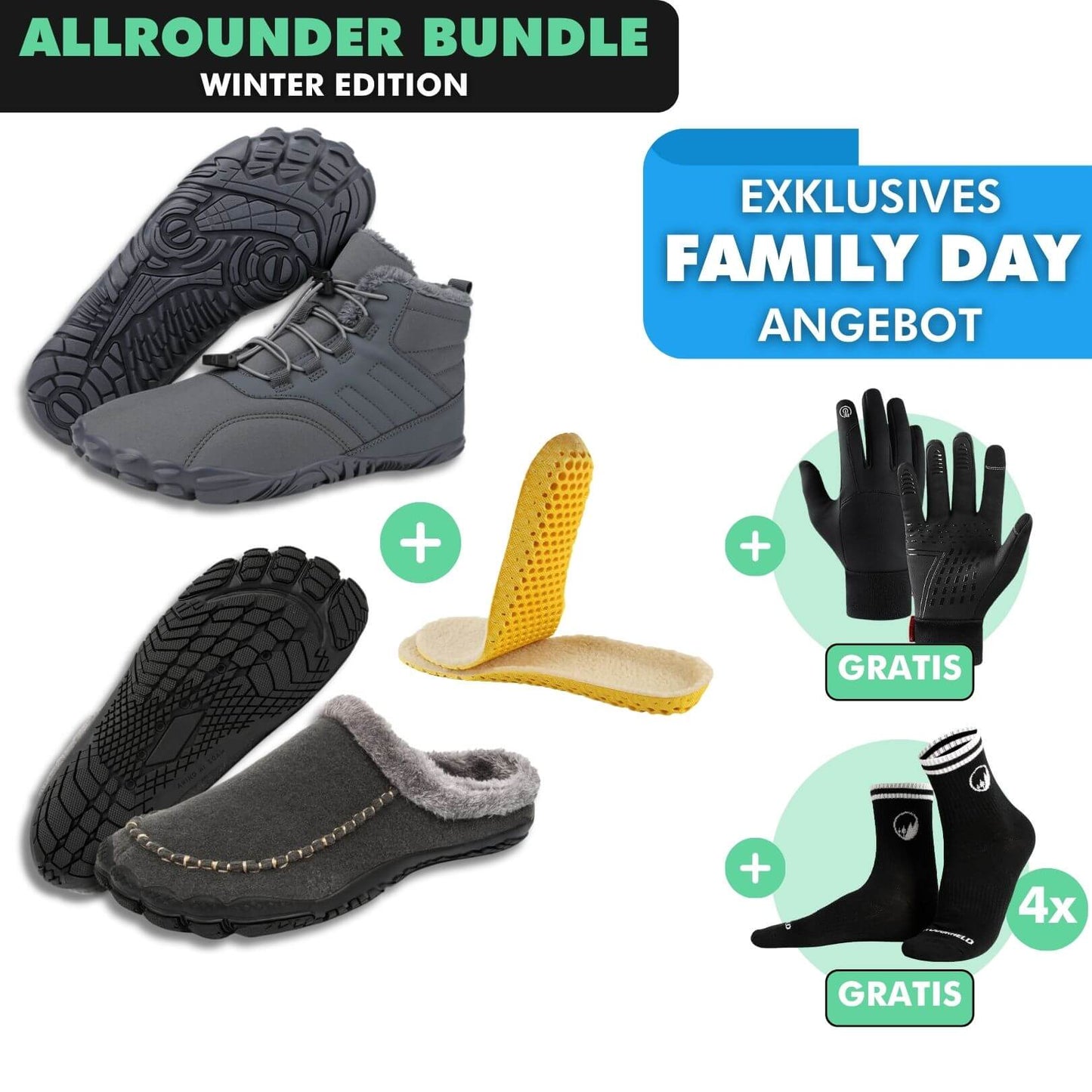 ALLROUNDER-BUNDLE: Winter-Barfußschuhe + Barfuß-Hausschuhe + Fleece-Einlegesohlen + GRATIS Thermo Handschuhe + GRATIS 4er-Pack Barfußsocken
