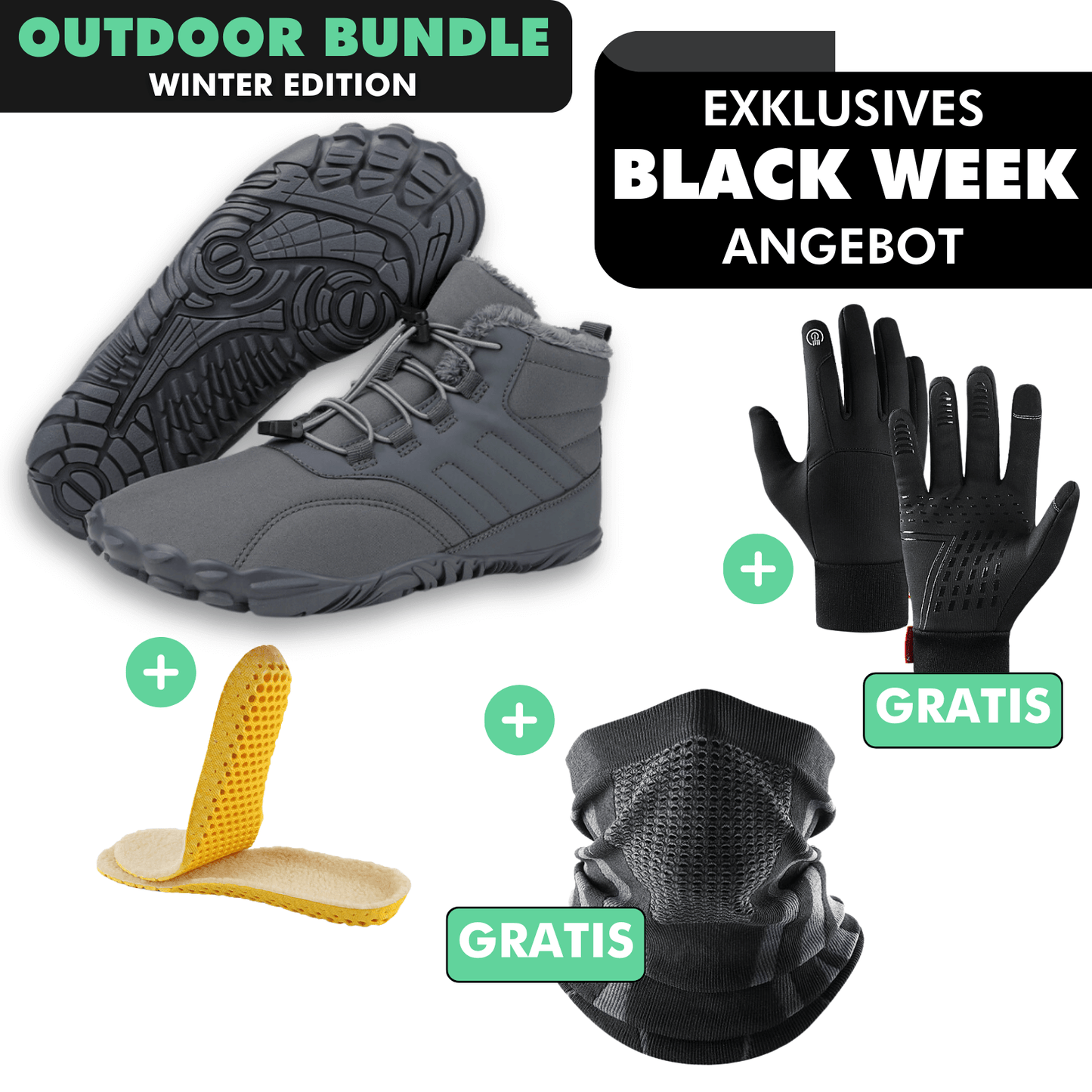 OUTDOOR-BUNDLE: Winter-Barfußschuhe + Fleece Einlegesohlen + GRATIS Thermo Handschuhe + GRATIS Thermo Halstuch