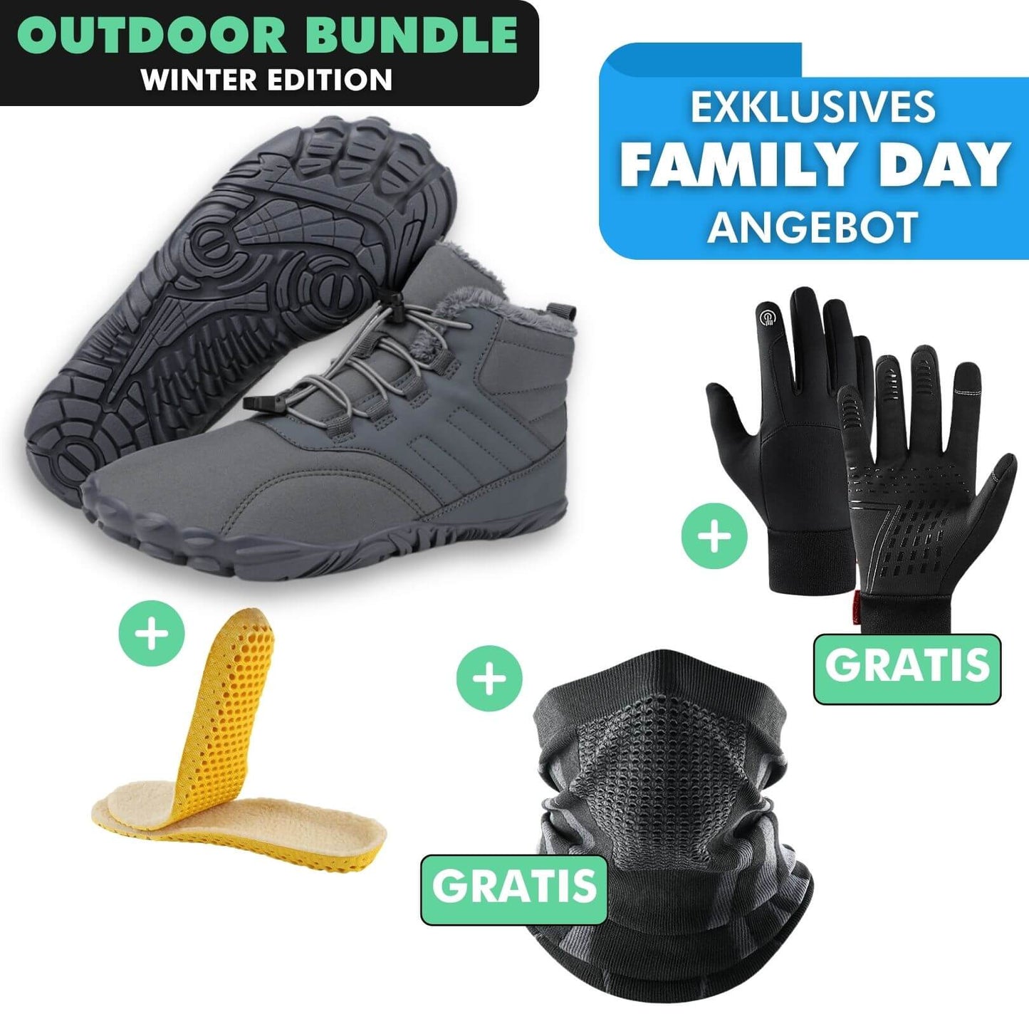 OUTDOOR-BUNDLE: Winter-Barfußschuhe + Fleece Einlegesohlen + GRATIS Thermo Handschuhe + GRATIS Thermo Halstuch