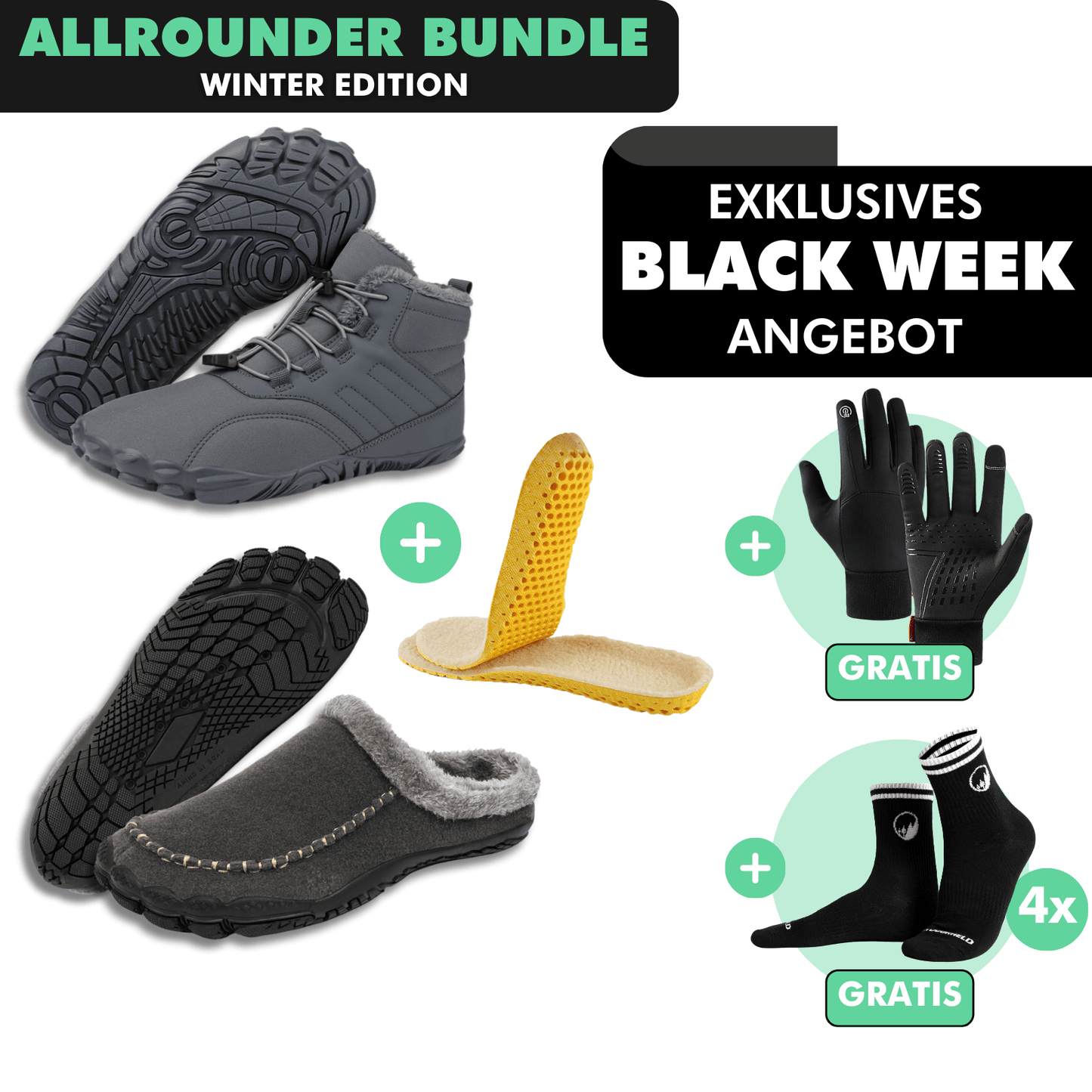 ALLROUNDER-BUNDLE: Winter-Barfußschuhe + Barfuß-Hausschuhe + Fleece-Einlegesohlen + GRATIS Thermo Handschuhe + GRATIS 4er-Pack Barfußsocken